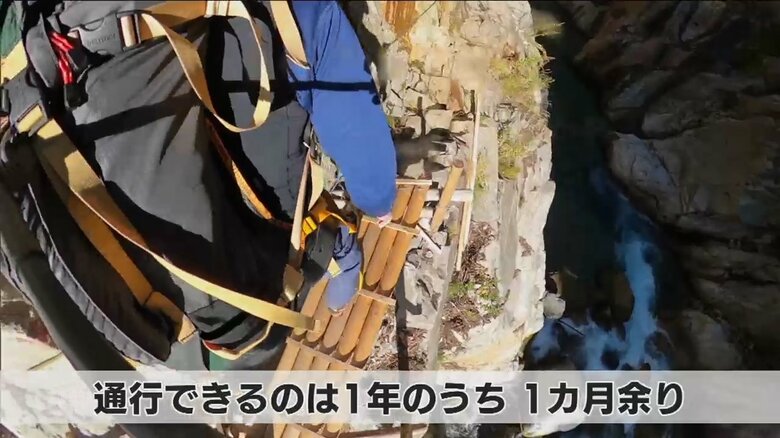 断崖絶壁に作られた小さな足場を進む