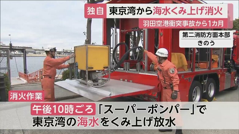 消火の水不足が続き、「スーパーポンパー」が東京湾の海水をくみ上げて放水を続けた