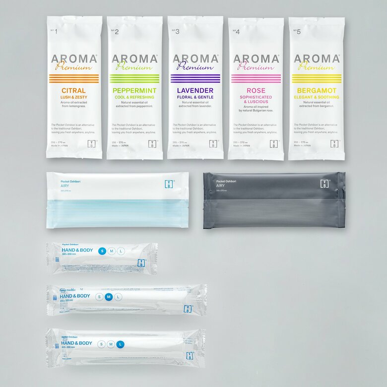上段から、「AROMA Premium」（255mm×270mm）100本入り3630円、「AIRY」100本入り2,200円、「HAND＆BODY」Sサイズ（300mm×200mm）50本入1870円・Mサイズ（300mm×300mm）100本入3300円・Lサイズ（600mm×300mm）50本入 3300円 ※いずれも税込み