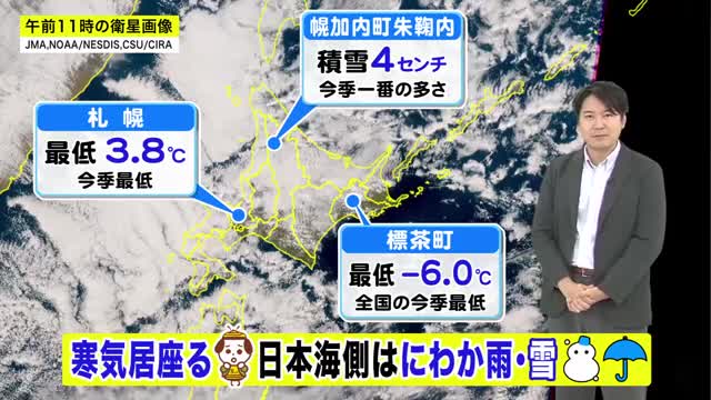 【寒気居座る】幌加内町朱鞠内は積雪４センチ！北海道は午後も雪と寒さに注意を！【北海道の天気 21日(火)】