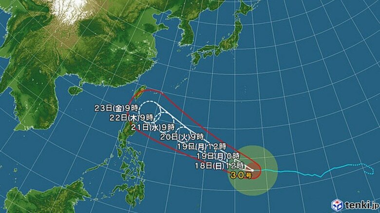 【台風情報】非常に強い台風30号の進路予想 19日午前0時には「猛烈」な勢力になる見込み 23日午前9時には「非常に強い」勢力で沖縄の南へ達する見通し 中心気圧935hPa、最大瞬間風速70m/sの予想 |FNNプライムオンライン