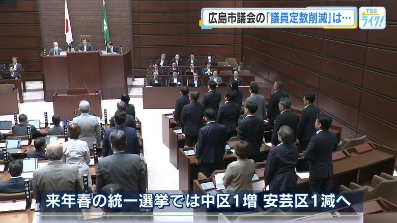 １増１減案が賛成多数で可決　広島市議会議員の定数削減　中区は１人増、安芸区は１人減　松井市長は欠席｜FNNプライムオンライン