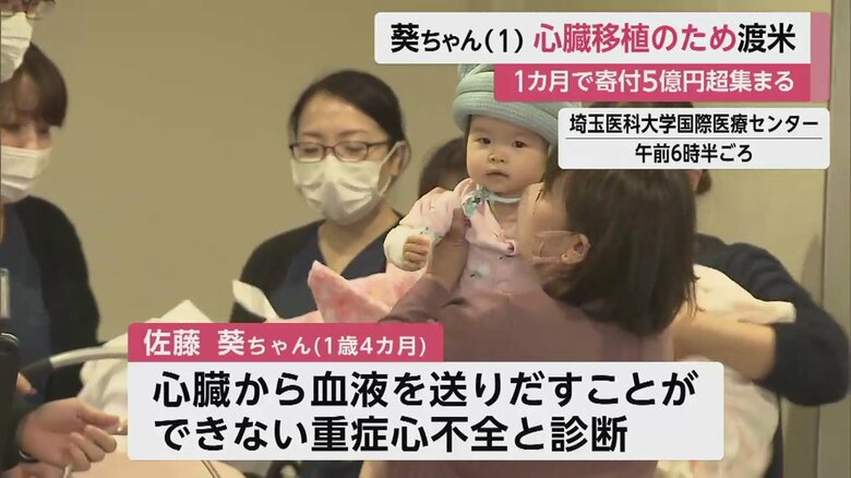 医師や看護師に見送られる葵ちゃん(埼玉医科大学国際医療センター 30日午前6時半ごろ)