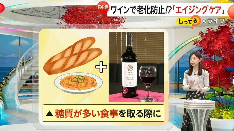 エイジングケアワインは「糖質が多い食事をとる際に」飲むといいという