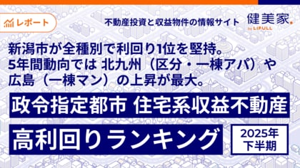 新潟市が全種別で利回り1位を堅持。5年間動向では北九州（区分・一棟アパ）や広島（一棟マン）の上昇が最大。健美家 「2025年下半期 政令指定都市 住宅系収益不動産 高利回りランキング」