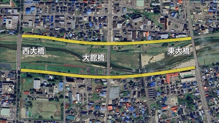 大館橋を撤去する場合は、川沿いの道路（黄色で示した部分）の拡幅なども検討するという