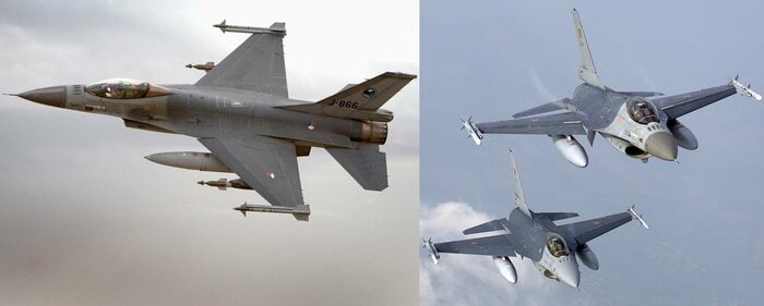 オランダ空軍のF-16MLU戦闘機、空対空ミサイルと精密誘導爆弾を装備(左・オランダ空軍公式ツイート)、ベルギー空軍のF-16戦闘機(右・ベルギー空軍公式ツイート)
