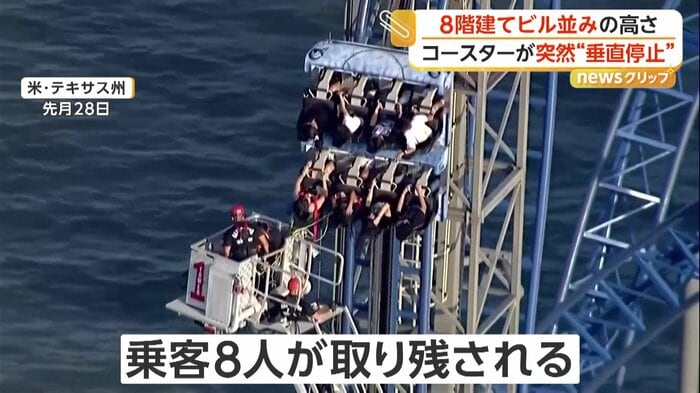 ほぼ垂直状態で停止したジェットコースター