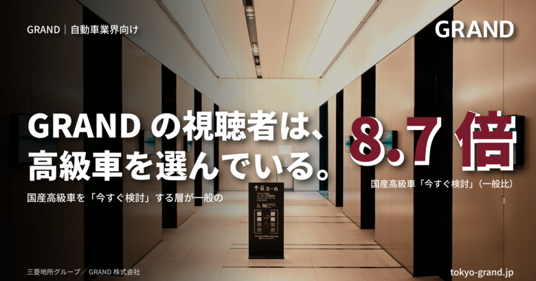 国産高級車を『今すぐ検討』する層が一般の8.7倍-オフィスビルメディア『GRAND』視聴者は高級車の保有・検討層が高密度、自動車事例では視聴者の来店動機形成を実証