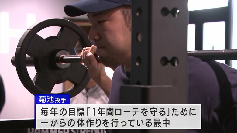 施設で自主トレに臨む菊池投手