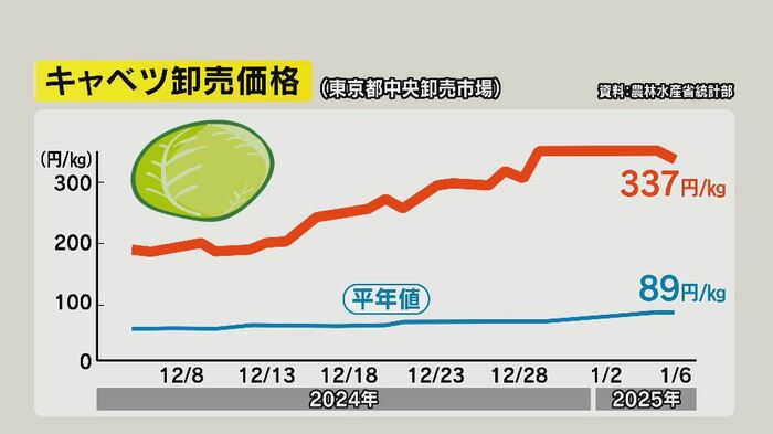 キャベツ卸売価格(東京都中央卸売市場 資料:農林水産省統計部)