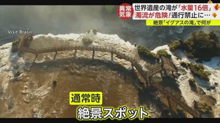 通常時は、多くの観光客が遊歩道など間近まで訪れるイグアスの滝