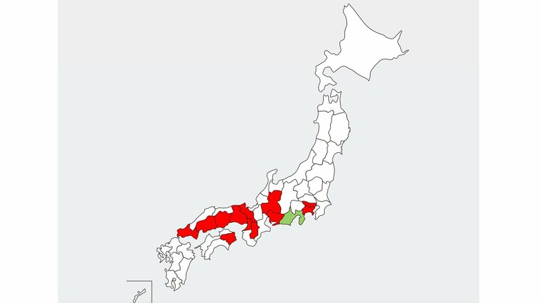 赤色はアルゼンチンアリが確認された地域。緑色は確認されたが、根絶できた地域（国立環境研究所提供）