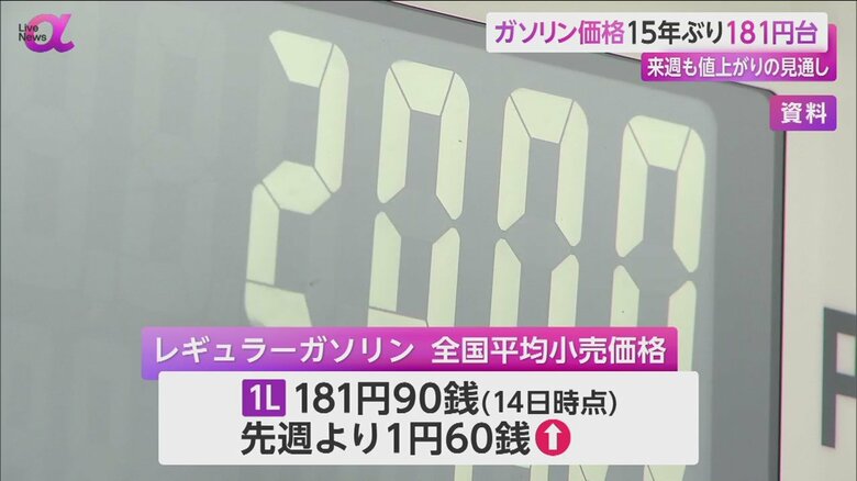 8月16日時点でのガソリンの値段は181円90銭