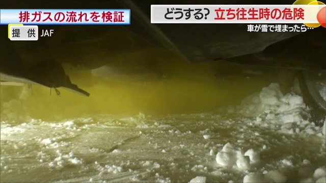 排気ガスに見立てた黄色い煙が車の下を通り…