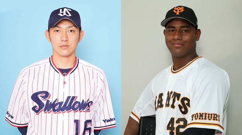 左：ヤクルト先発・原樹理、右：巨人先発・C.C.メルセデス
