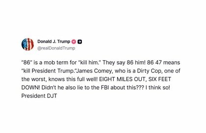トランプ大統領　コミー元FBI長官を「汚職警察官」　長官投稿の『86』に“殺せ”や“捨てる”の意味　脅迫罪起訴取り下げの可能性も