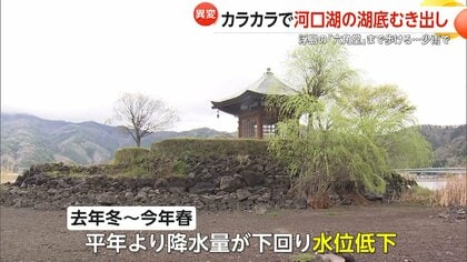 河口湖が湖底むき出し浮島の「六角堂」まで徒歩OK「幻の湖底道」が20年ぶり出現…喜ぶ観光客と頭抱える貸しボート業者　山梨