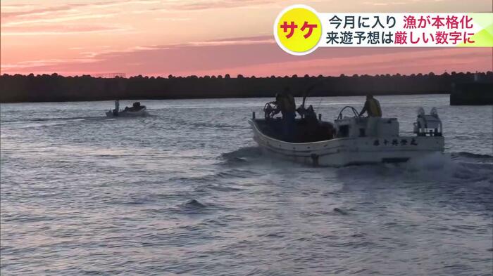 沖に向かった秋サケ漁の船