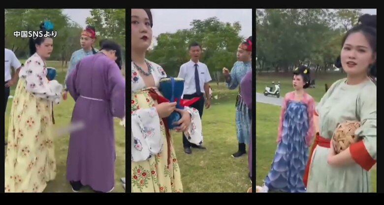 「漢服」を和装と勘違いして注意する公園スタッフ（中国SNSより）