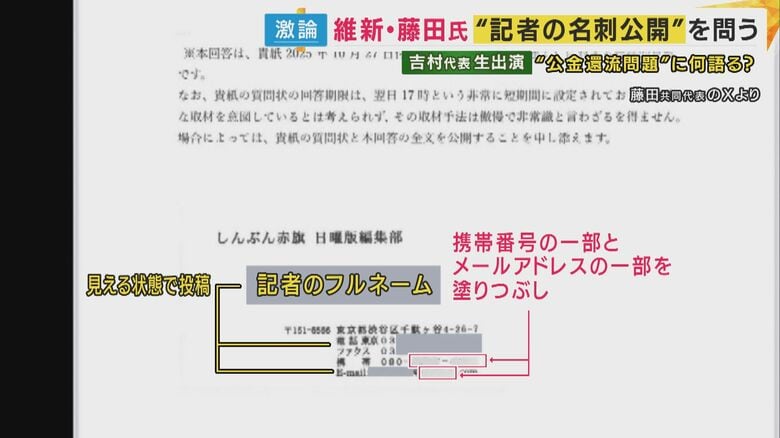 公開された記者の名刺（情報保護のため一部を加工）