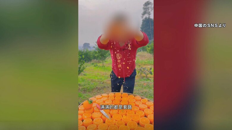 次々とミカンを持ち上げて握りつぶしている