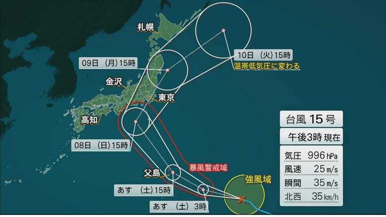 気象庁が6日午後3時に発表した台風15号の進路予想図