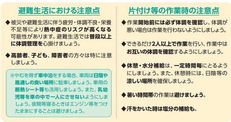 「避難生活における注意点」と「片付け等の作業時の注意点」（出典：「災害時の熱中症予防」）