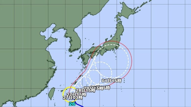 【台風情報】台風26号の今後の進路予想　沖縄に接近後、本州の南を進む予想　関東は10月はじめにかけても雨の降る日が多い見込み　進路によっては予想よりも降水量が多くなる可能性｜FNNプライムオンライン