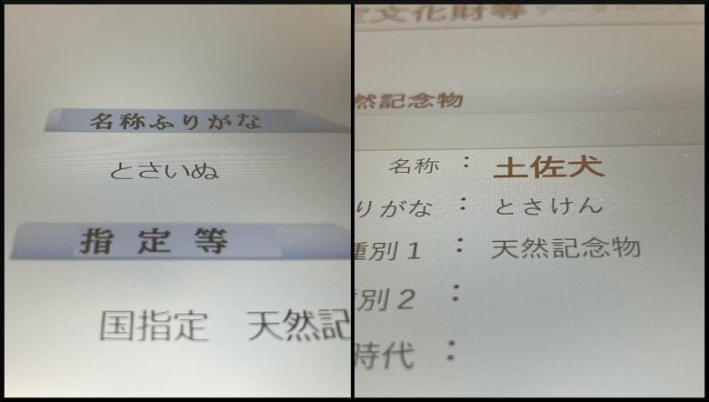 県のHP（左）では「トサイヌ」。天然記念物を紹介する文化庁のＨＰでは「トサケン」