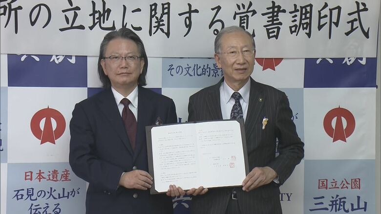 調印式　楫野市長と今井書店・達山会長