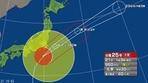 【台風情報】台風25号の進路予想　21日午後2時には八丈島の北北西約50キロにあって、中心気圧960ヘクトパスカル　22日午前0時には、千葉県銚子市の東約150キロに達する予想
