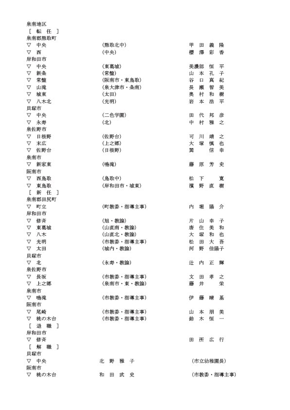 小学校の教頭・転任・新任・退職・解職