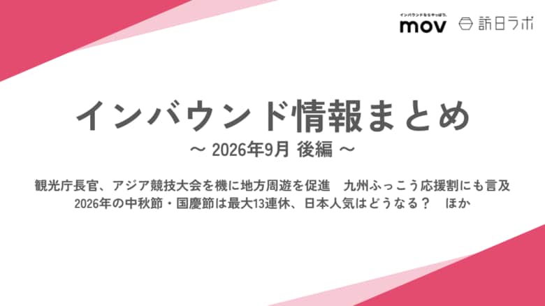 観光庁長官、アジア競技大会を機に地方周遊を促進　九州ふっこう応援割にも言及 / 今年の中秋節・国慶節は最大13連休、日本人気は？　ほか：インバウンド情報まとめ「2026年9月後編」を訪日ラボが公開