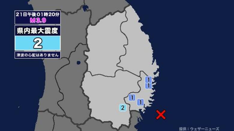 【地震】岩手県内で震度2 宮城県沖を震源とする最大震度2の地震が発生 津波の心配なし｜FNNプライムオンライン
