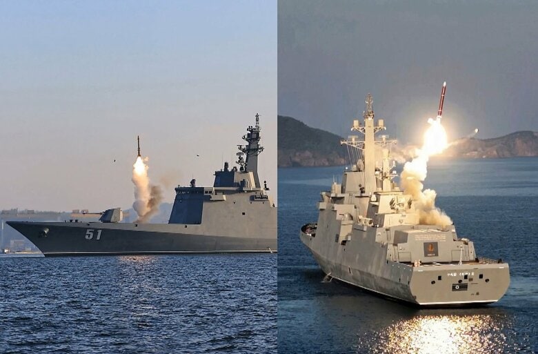 多目的駆逐艦「崔賢」から試験発射されるピョルチ艦対空ミサイル(左)、ファサル戦略巡航ミサイル(右)