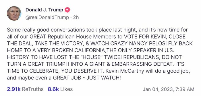 マッカーシー氏への投票を呼びかけるトランプ氏のSNS。しかし「フリーダム・コーカス」の決意は揺るがなかった