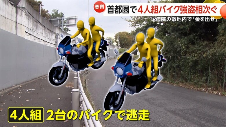 “4人組バイク強盗”病院敷地内と路上で相次ぐ…頭や顔殴り「金を出せ」横浜市と東京・町田市2時間あまりで4件発生｜FNNプライムオンライン