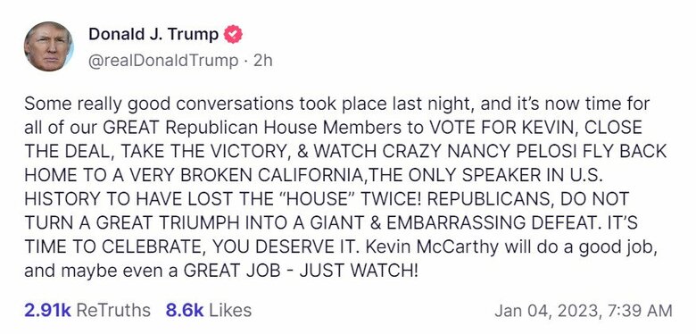 マッカーシー氏への投票を呼びかけるトランプ氏のSNS。しかし「フリーダム・コーカス」の決意は揺るがなかった