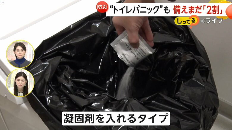 トイレに袋をかぶせて、トイレを済ませたあと凝固剤を入れるタイプ