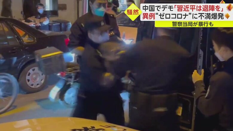 警察が市民を、拳で暴行する場面も