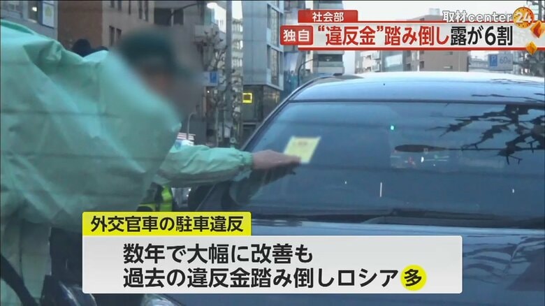 車のフロントガラスに駐車違反の張り紙を貼っている