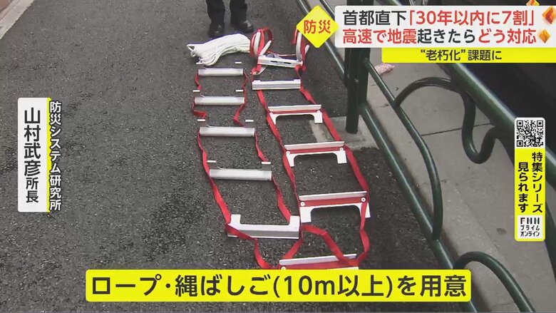「非常口から降りられない場合に備えて、水や食料とあわせ、脱出用具の準備を」