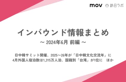 4月外国人宿泊数は1,315万人泊、国籍別「台湾」が1位に:観光・インバウンドの最新動向がわかる!インバウンド情報まとめ「2024年6月前編」を訪日ラボが公開