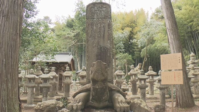 石灯籠が並ぶ月照寺境内に立つ大亀像