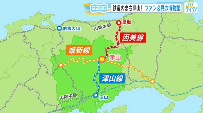 津山駅は、津山線・因美線・姫新線の結節点にあたる。
