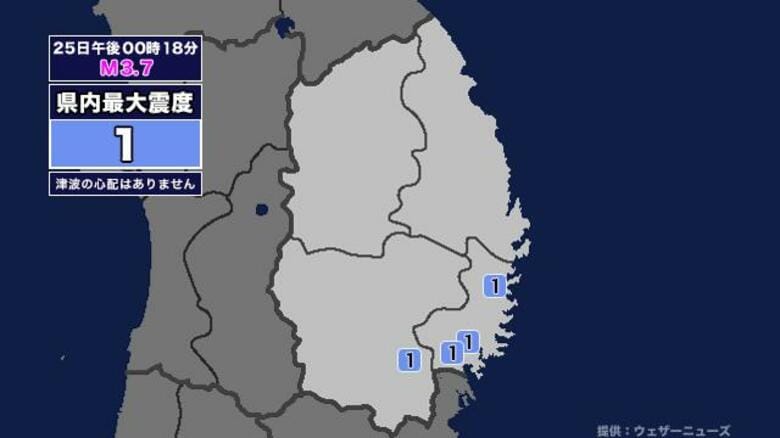 【地震】岩手県内で震度1 宮城県沖を震源とする最大震度1の地震が発生 津波の心配なし｜FNNプライムオンライン
