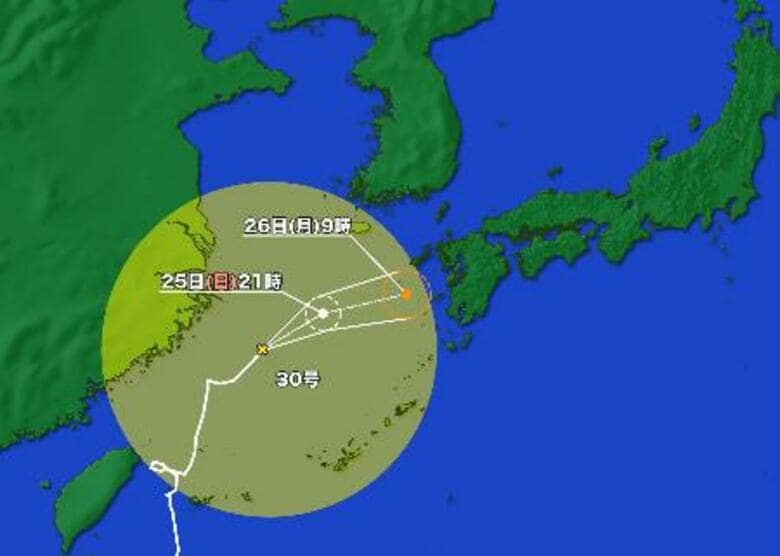 【台風情報】台風30号（チャンパー）東シナ海を北東へ…中心気圧は996ヘクトパスカル、中心付近の最大風速は毎秒20メートル_26日朝には温帯低気圧に変わる予想｜FNNプライムオンライン