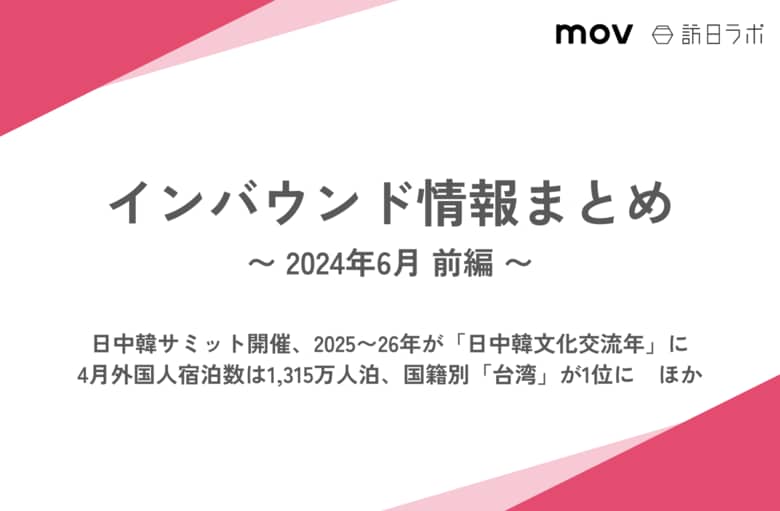 4月外国人宿泊数は1,315万人泊、国籍別「台湾」が1位に:観光・インバウンドの最新動向がわかる!インバウンド情報まとめ「2024年6月前編」を訪日ラボが公開