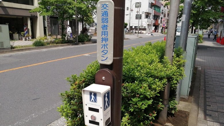 交通弱者用の押しボダンを併設した信号機もある(筆者撮影)